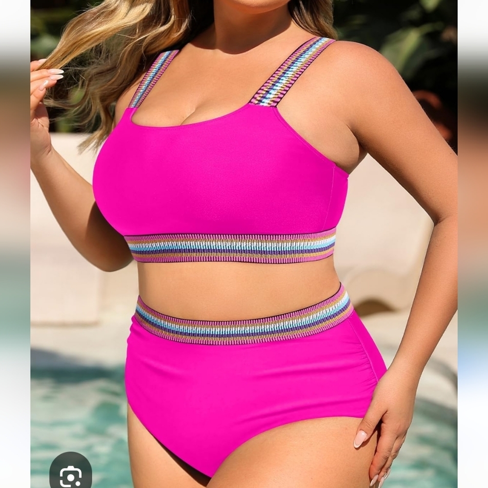Hilinker Hot Pink Bikini Set with Rainbow Straps XL